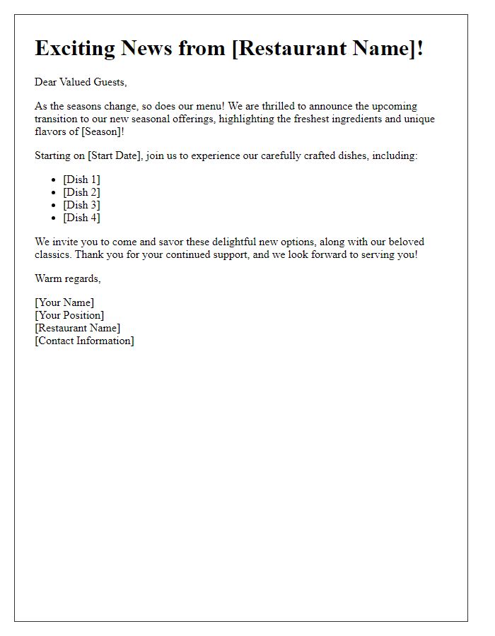 Letter template of seasonal menu transition for dining establishments