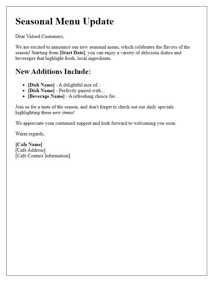 Letter template of seasonal menu update for cafs