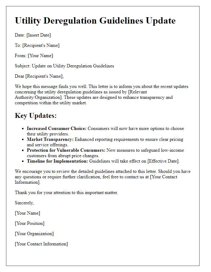 Letter template of utility deregulation guidelines update