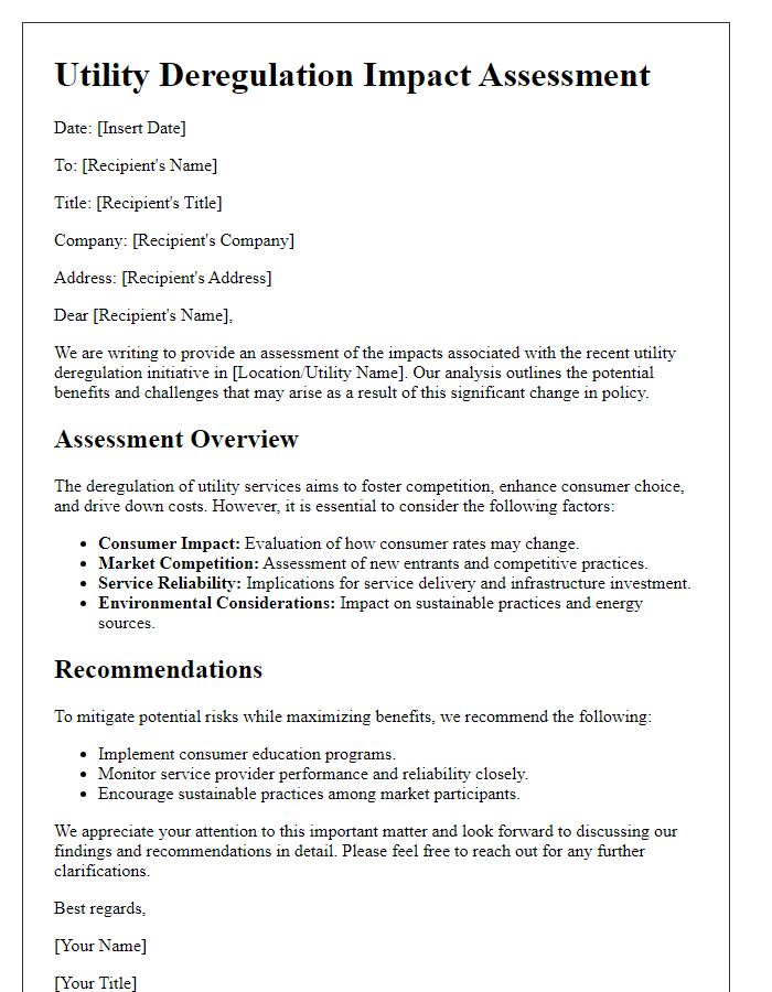 Letter template of utility deregulation impact assessment