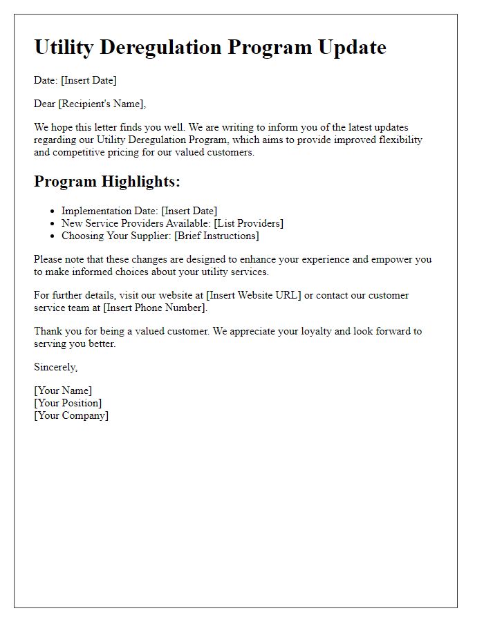 Letter template of utility deregulation program updates