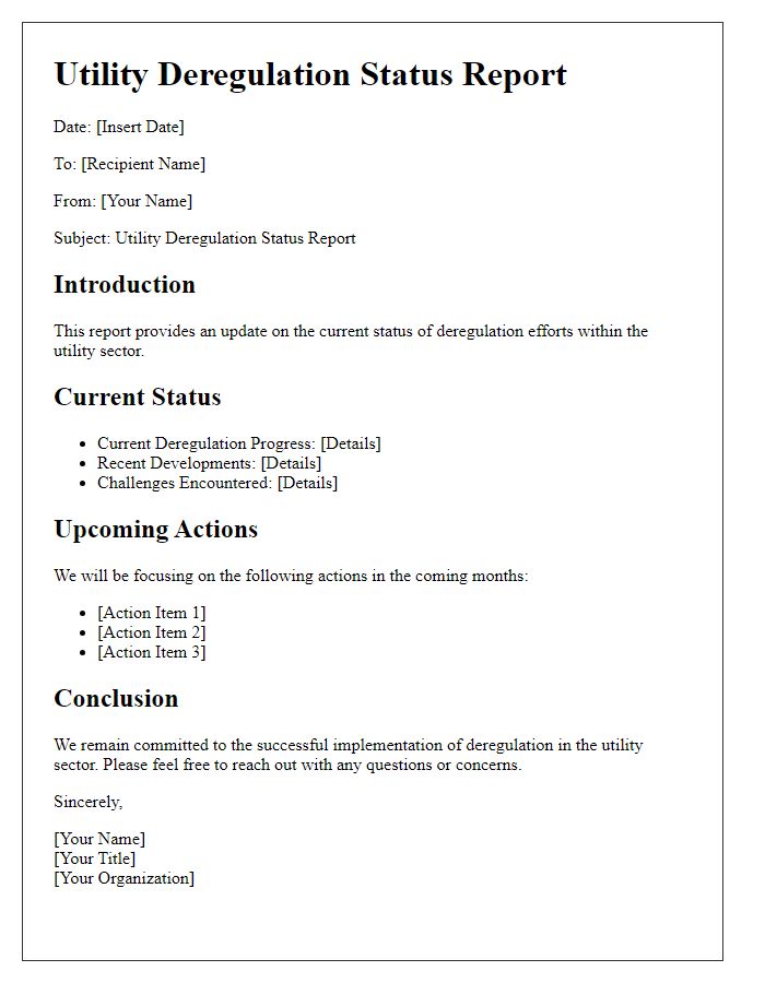 Letter template of utility deregulation status report