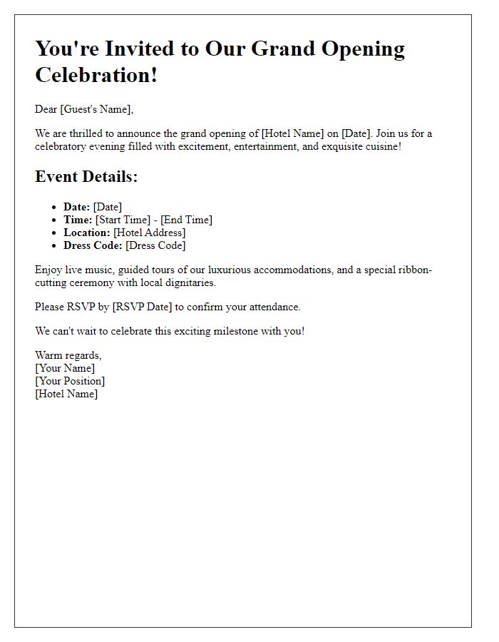 Letter template of hotel opening celebration details