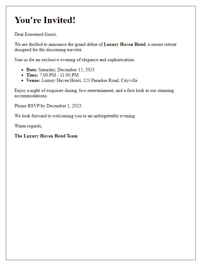 Letter template of luxury hotel debut invitation