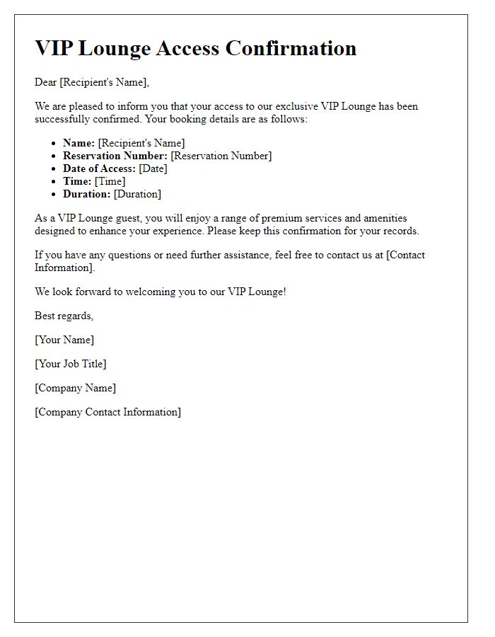 Letter template of VIP lounge access confirmation.