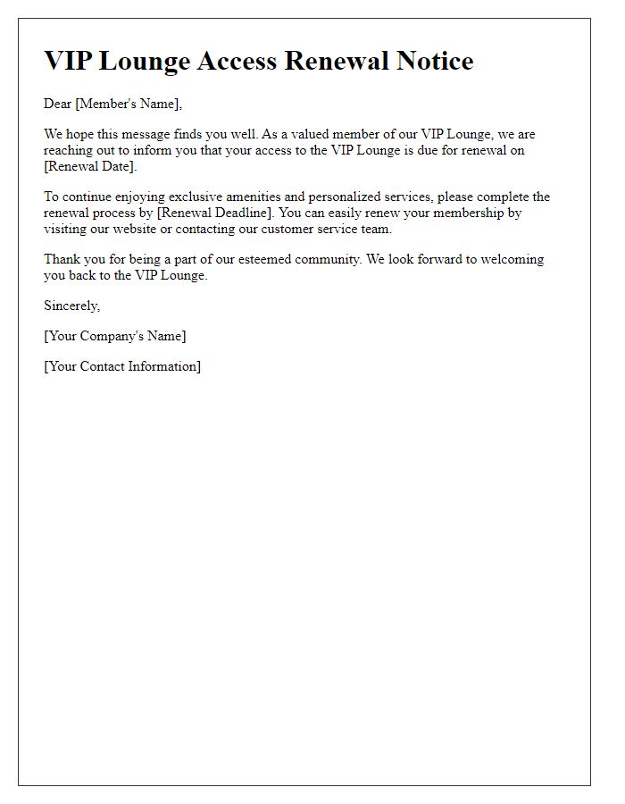 Letter template of VIP lounge access renewal.