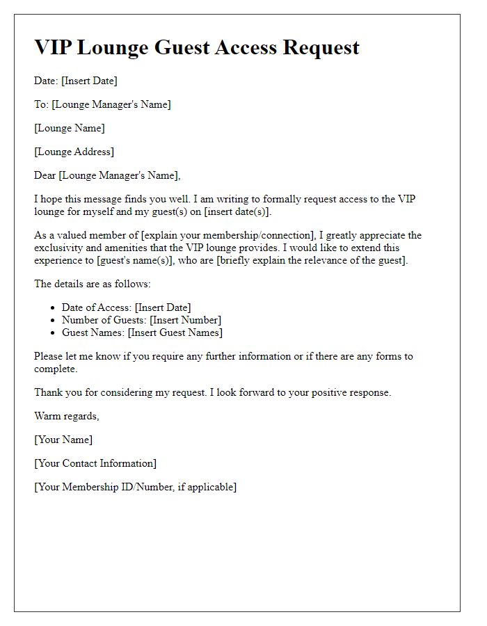 Letter template of VIP lounge guest access request.