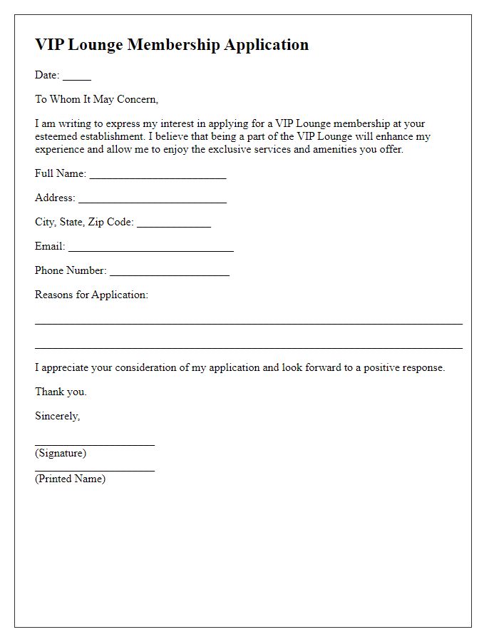 Letter template of VIP lounge membership application.