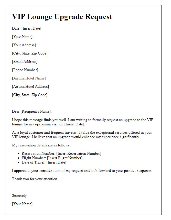 Letter template of VIP lounge upgrade request.