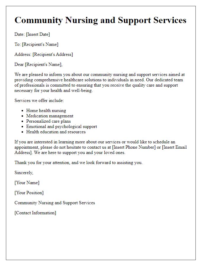 Letter template of community nursing and support services.