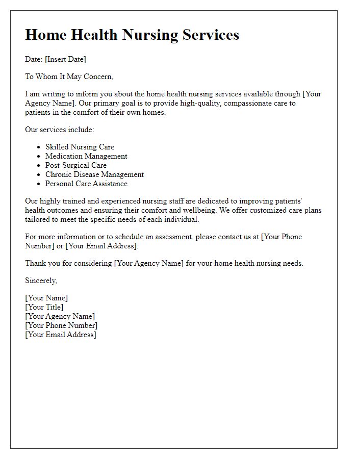 Letter template of home health nursing services.