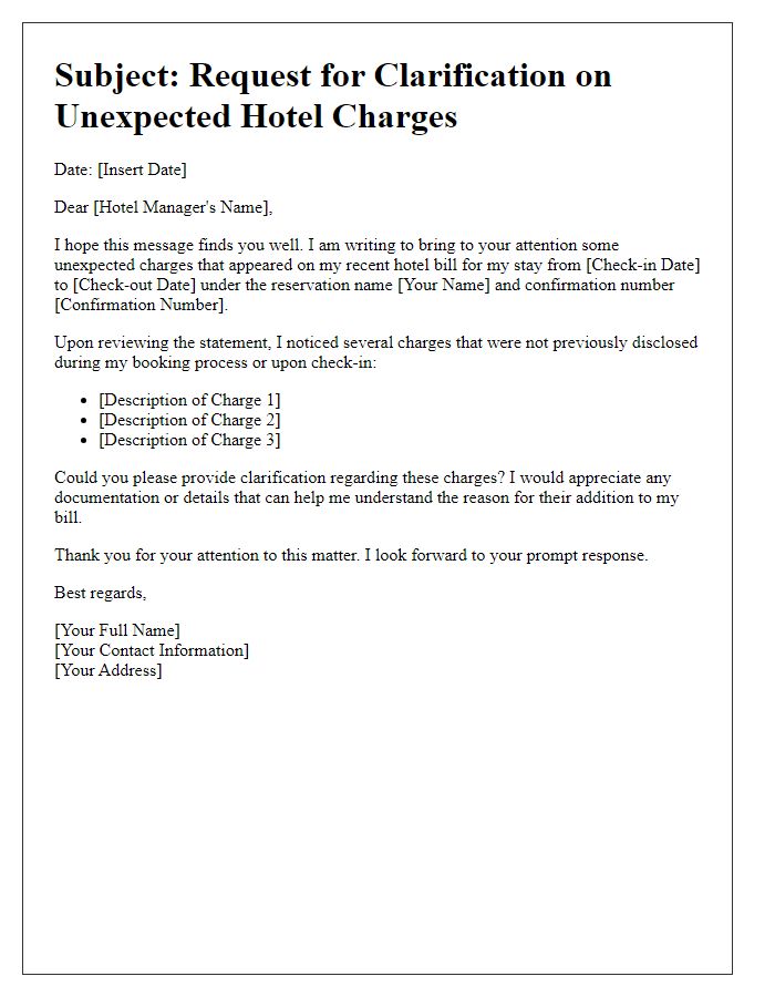 Letter template of clarification on unexpected hotel charges