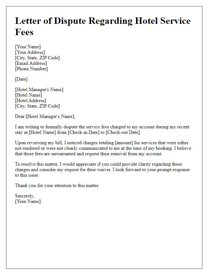 Letter template of dispute regarding hotel service fees