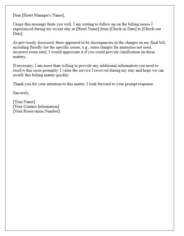 Letter template of follow-up on hotel billing issues