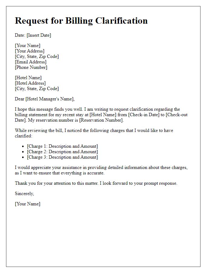 Letter template of hotel billing clarification request