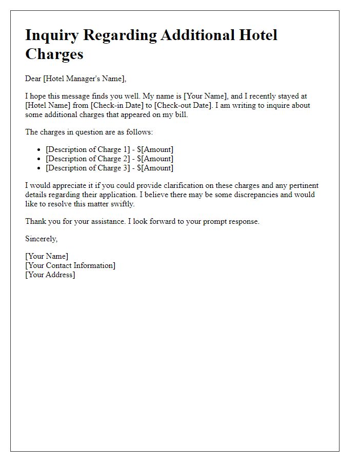 Letter template of inquiry into additional hotel charges