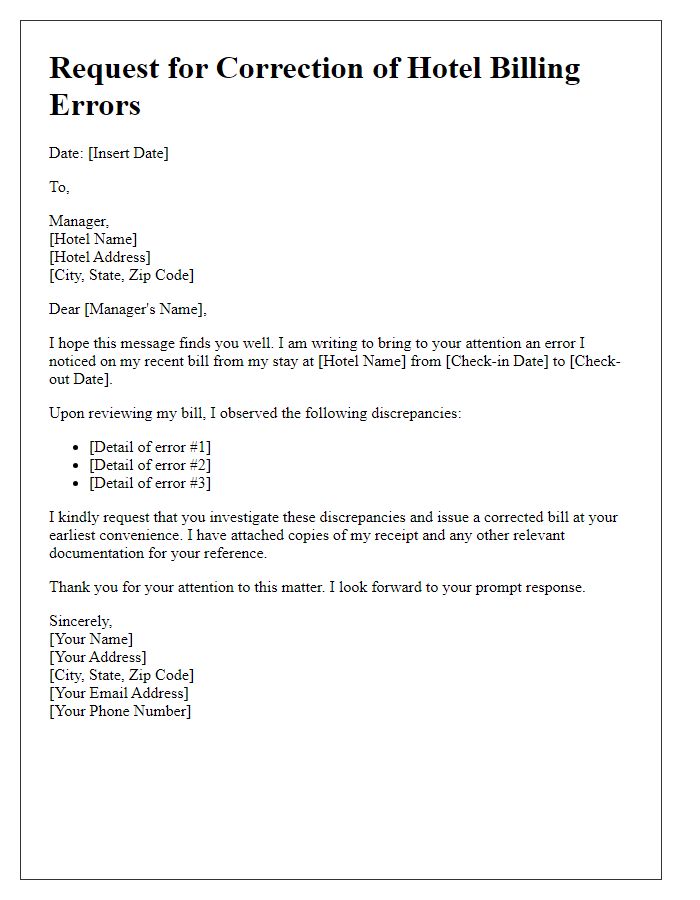 Letter template of request to correct hotel billing errors