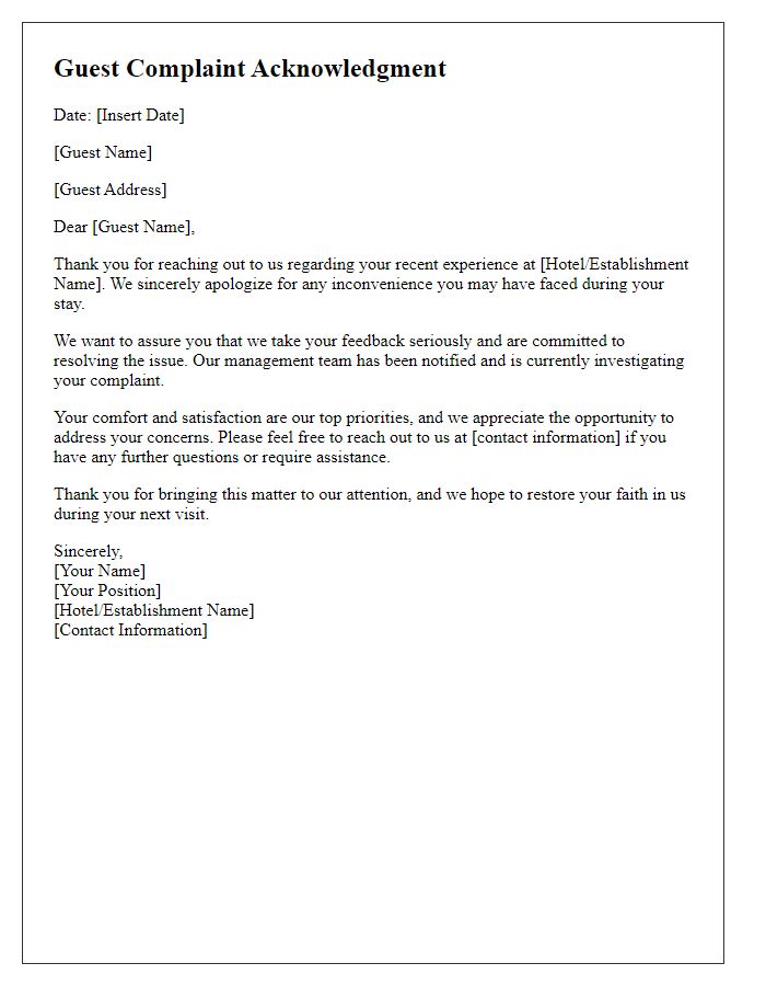 Letter template of guest complaint acknowledgment.