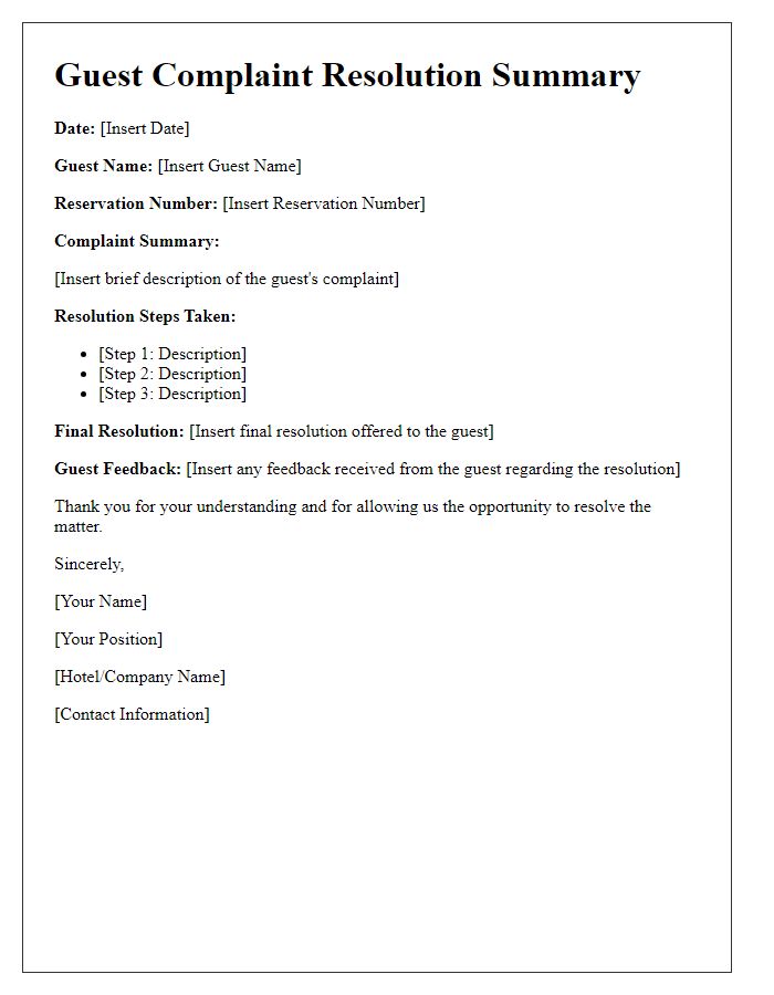 Letter template of guest complaint resolution summary.