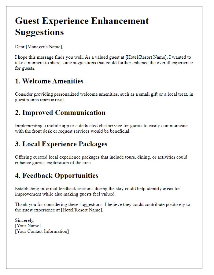 Letter template of guest experience enhancement suggestions.