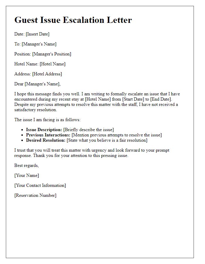 Letter template of guest issue escalation.