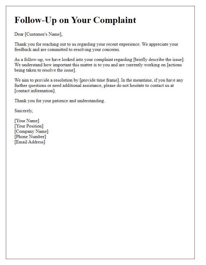 Letter template of customer service complaint follow-up