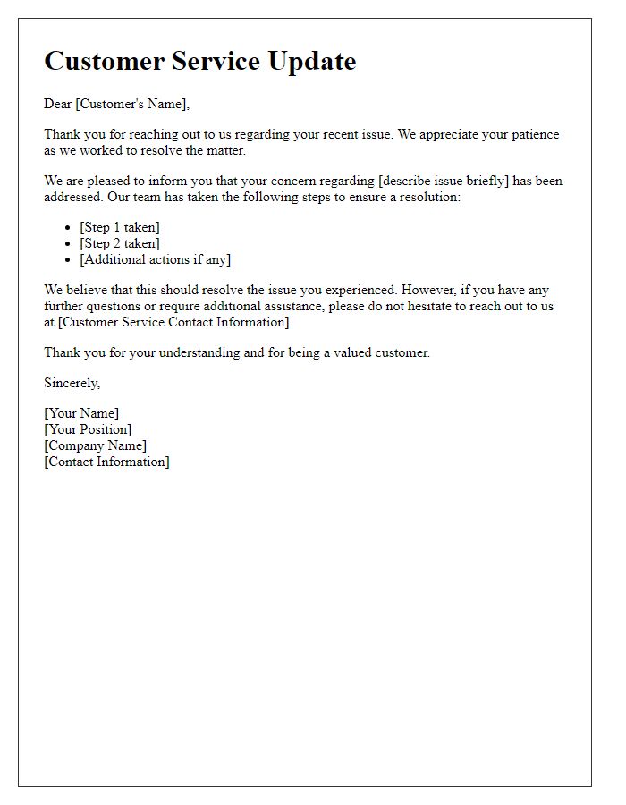 Letter template of customer service resolution update