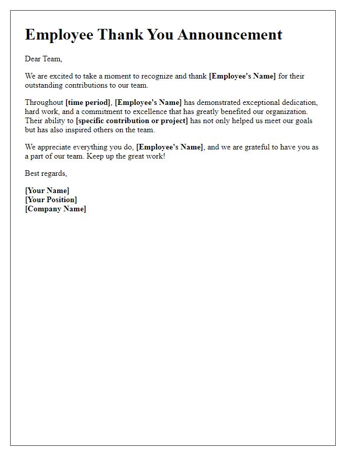 Letter template of employee thank you announcement