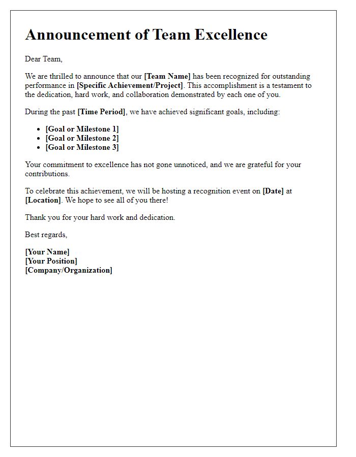 Letter template of team excellence announcement