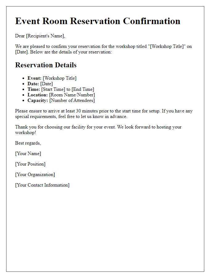 Letter template of event room reservation for a workshop