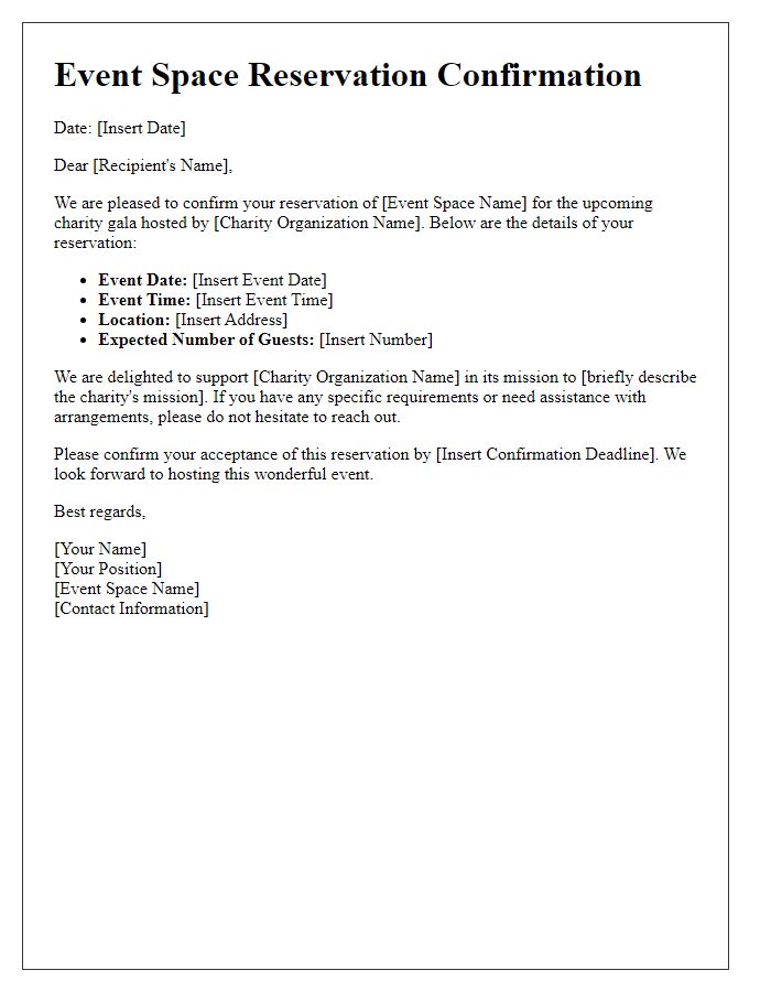 Letter template of event space reservation for a charity gala