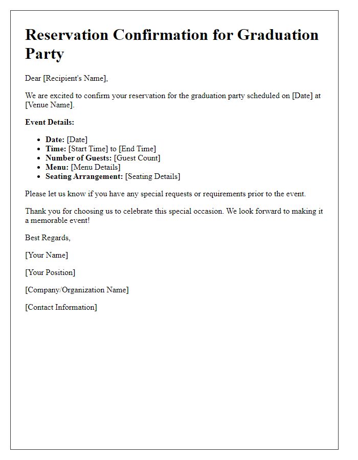 Letter template of special event reservation for a graduation party