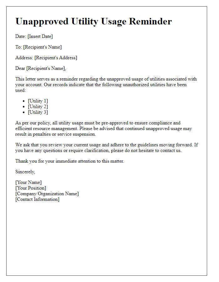 Letter template of Unapproved Utility Usage Reminder