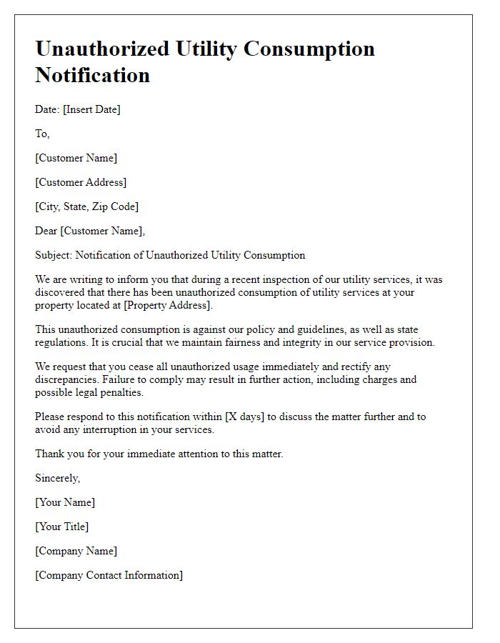 Letter template of Unauthorized Utility Consumption Notification