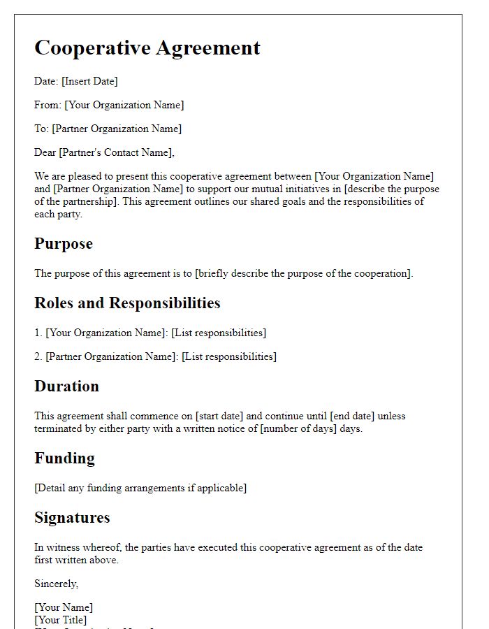 Letter template of cooperative agreement for non-profit initiatives