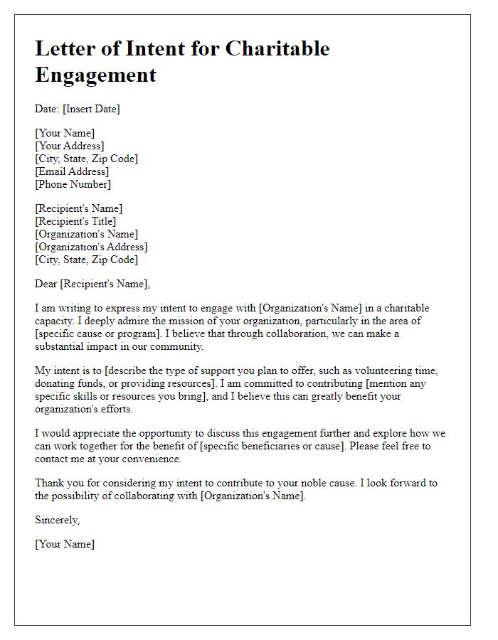 Letter template of letter of intent for charitable engagement