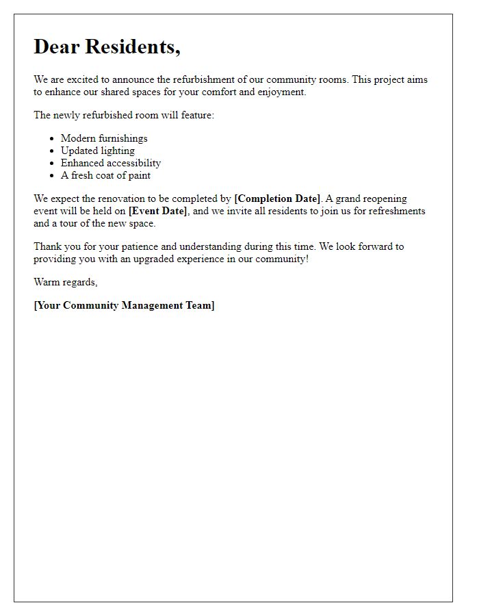 Letter template of refurbished room announcement for community residents.