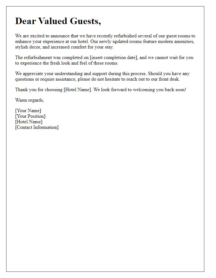 Letter template of refurbished room announcement for hotel guests.