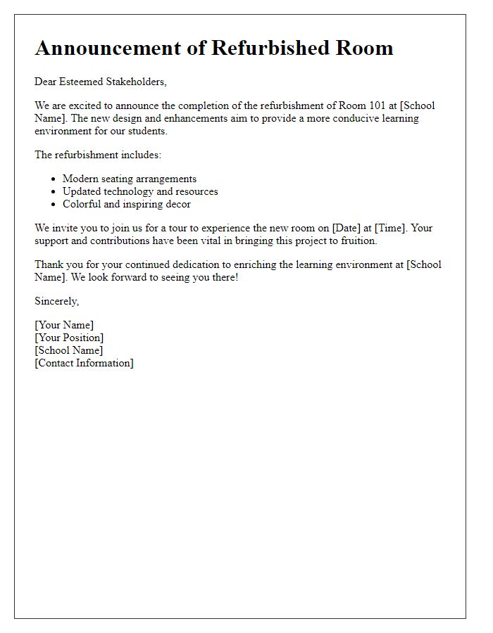 Letter template of refurbished room announcement for school stakeholders.