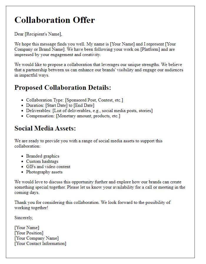 Letter template of collaboration offer with social media assets