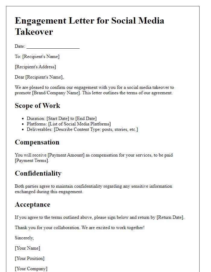 Letter template of engagement for social media takeover