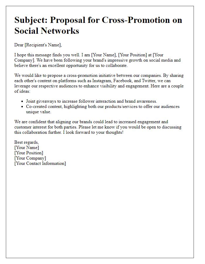 Letter template of suggestion for cross-promotion on social networks