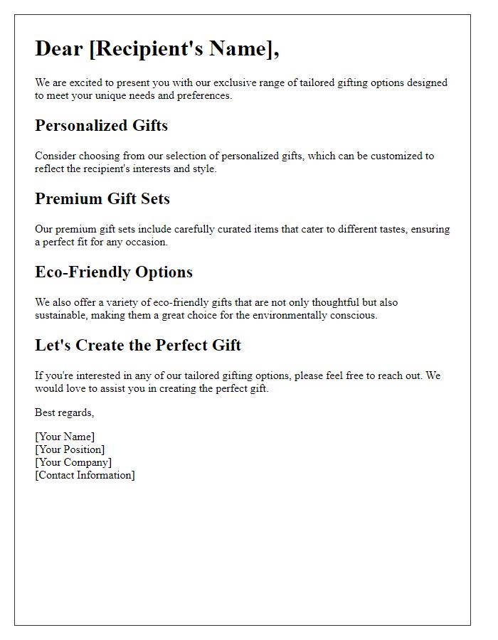 Letter template of tailored gifting options