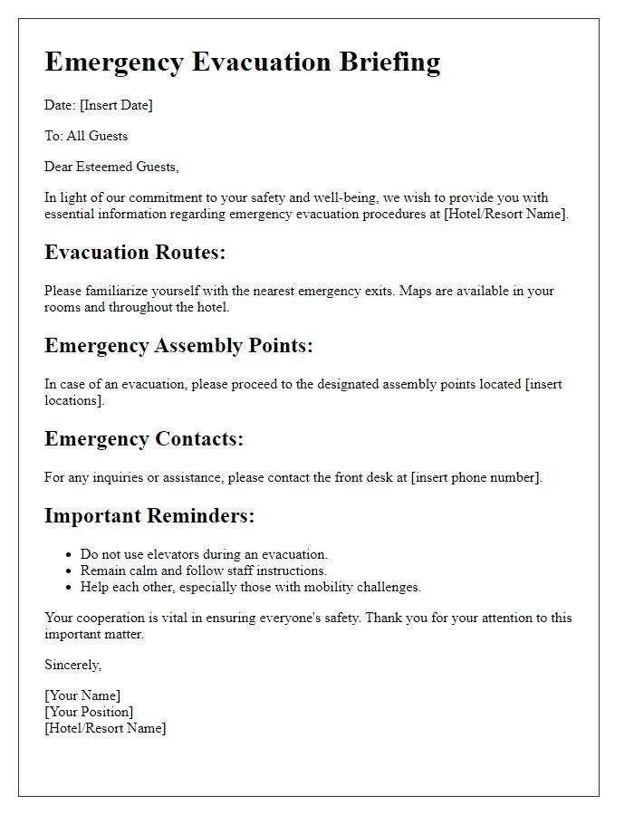 Letter template of emergency evacuation briefing for hotels and resorts.