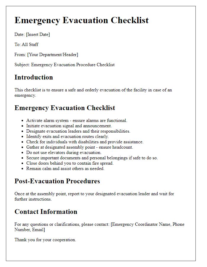 Letter template of emergency evacuation checklist for government facilities.