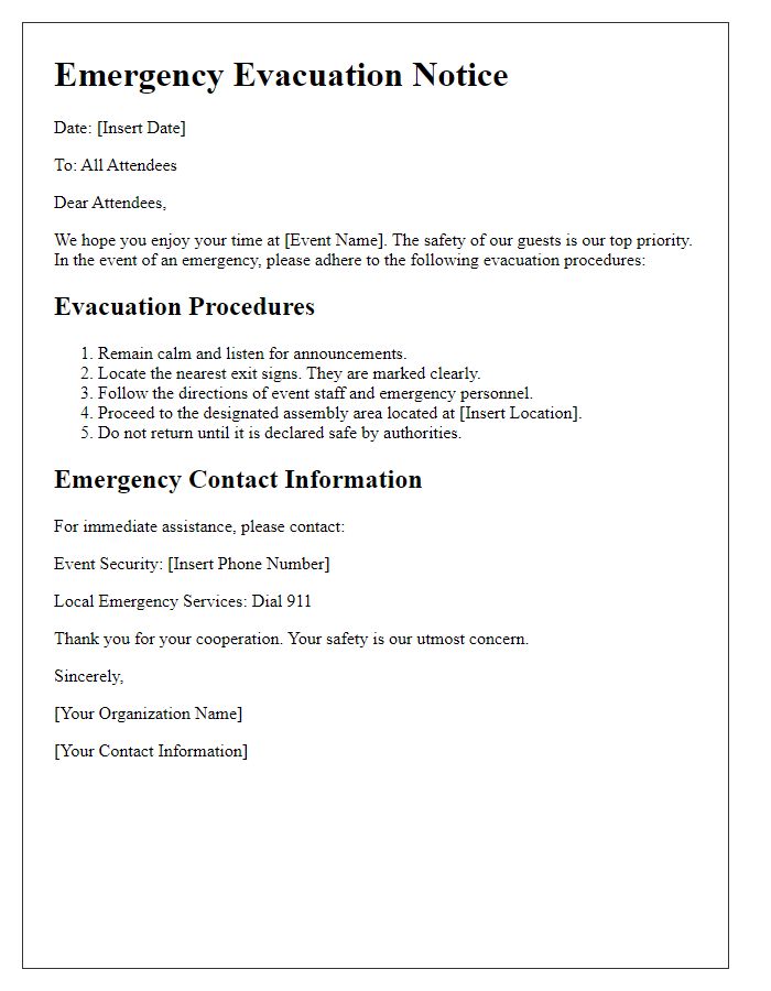 Letter template of emergency evacuation communication for outdoor events.