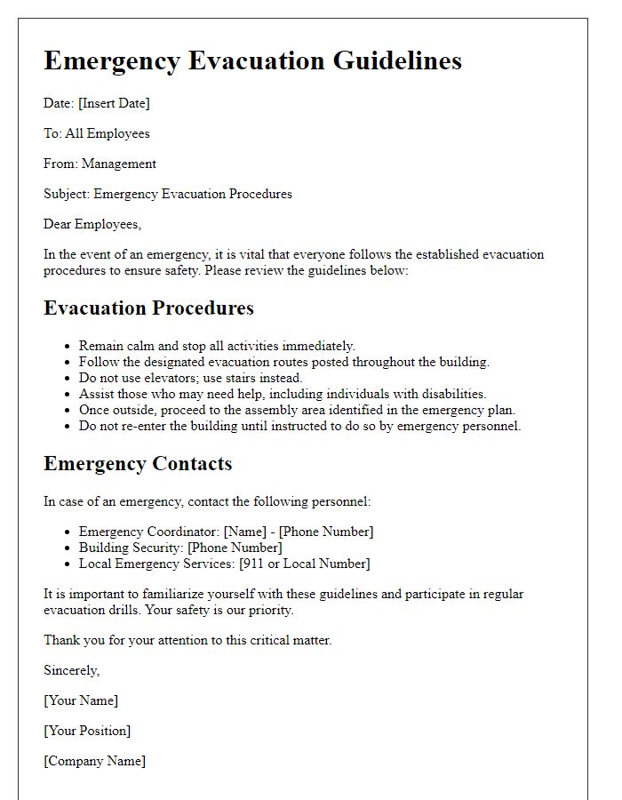 Letter template of emergency evacuation guidelines for office buildings.