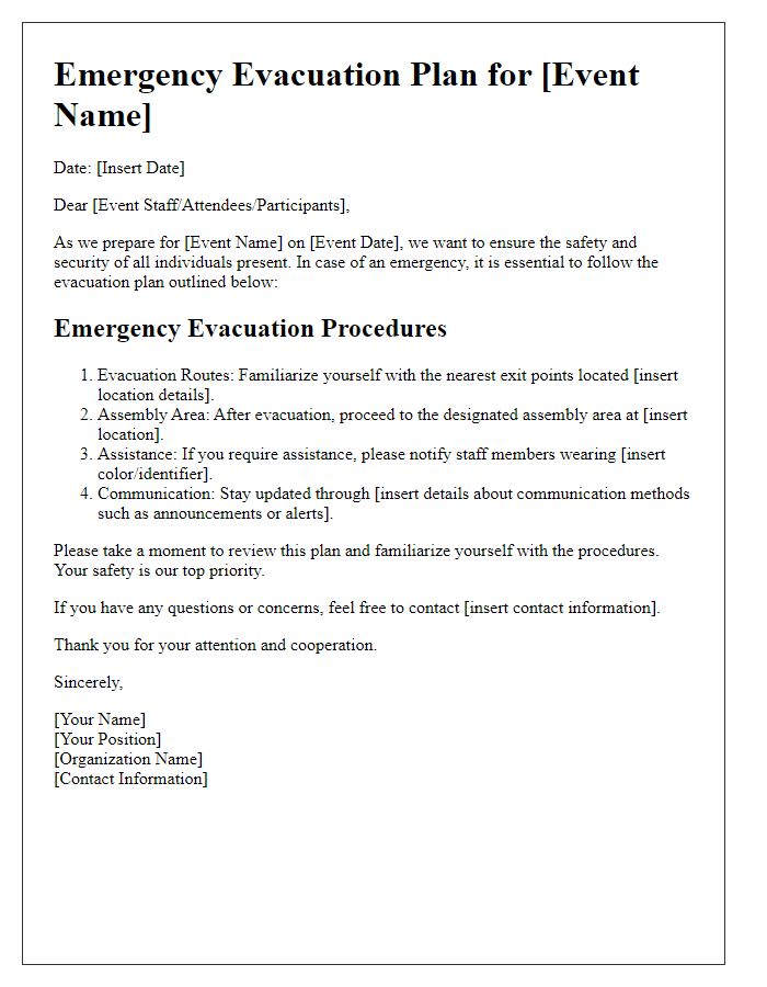 Letter template of emergency evacuation plan for event venues.