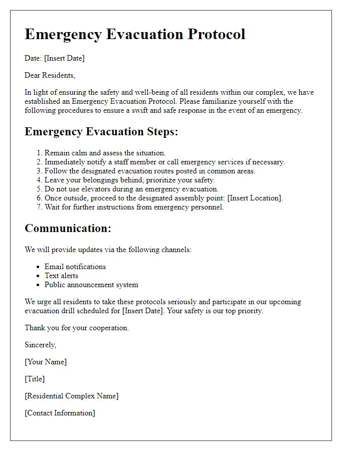 Letter template of emergency evacuation protocol for residential complexes.