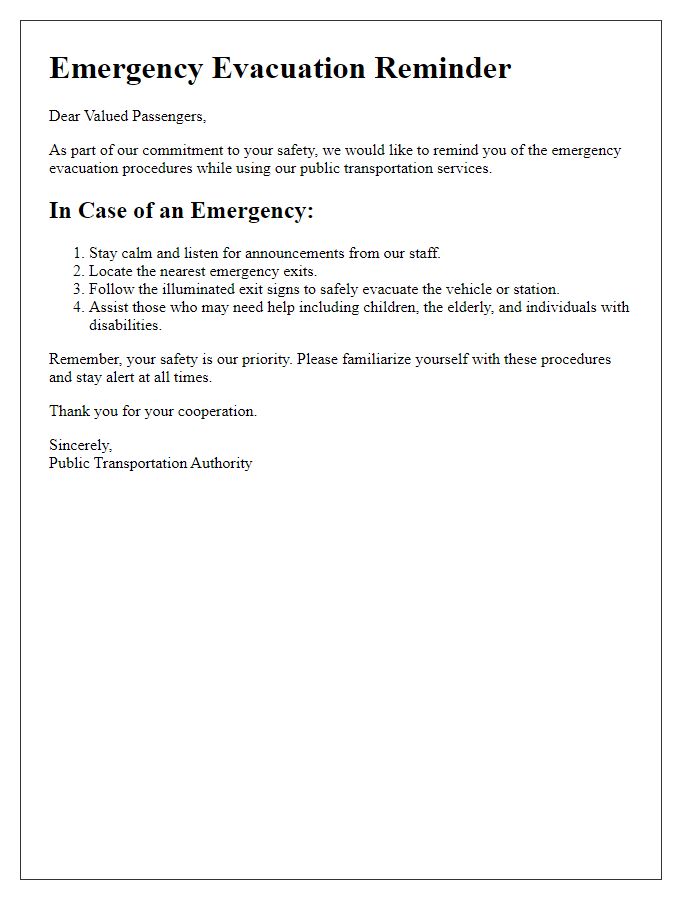 Letter template of emergency evacuation reminders for public transportation.